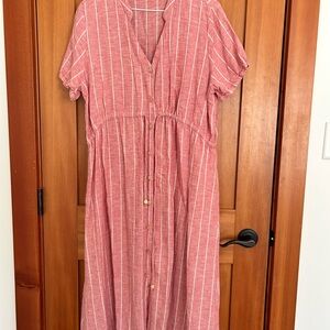 Elegant Pink Striped Linen Blend Midi Dress